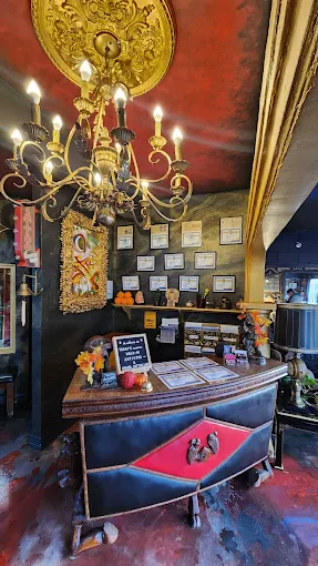 Reception desk with awards displayed behind it