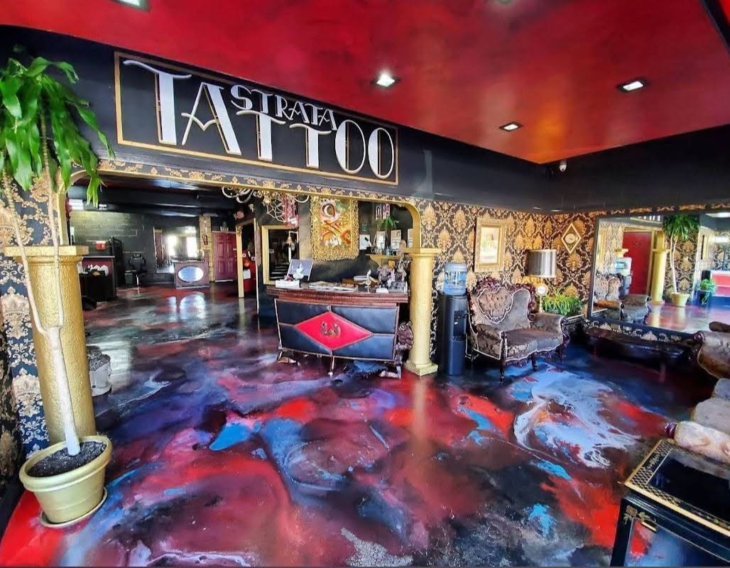 Reception and gallery interior at Strata Tattoo Lab