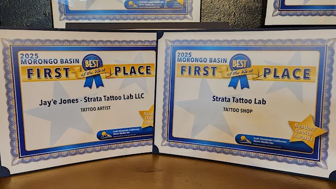 2025 Morongo Basin Readers Choice awards for Strata Tattoo Lab and Jaye Jones